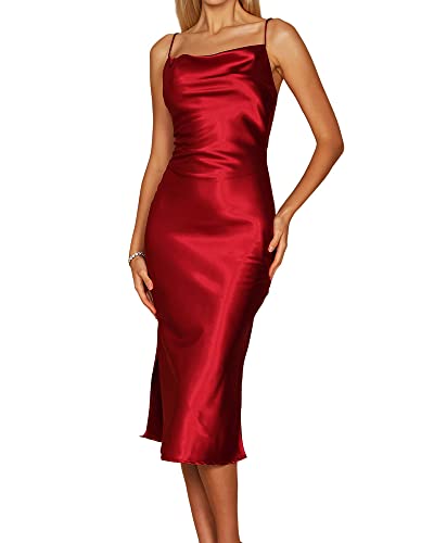 LuckyShe Damen Elegant Formales Cocktailkleid aus Satin in Midilänge mit Wasserfallausschnitt Weiß 54 von LuckyShe