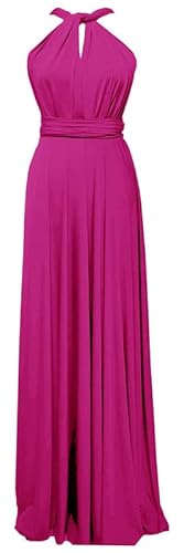 LuckyShe Damen Elegant Lang Halfter Brautjungfernkleider Hochzeit Cabrio Wickelkleid Partykleid Cocktailkleid FestlichKleid Strandkleid Fuchsia 36 von LuckyShe