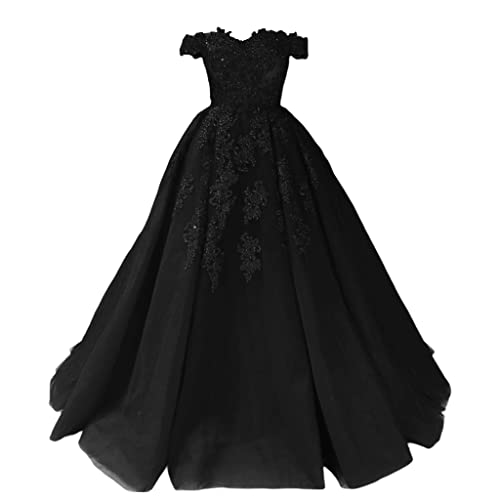 LuckyShe Damen Elegant Lang Tüll Ballkleid Formales Abendkleider mit Spitze Schulterfrei Schwarz 54 von LuckyShe