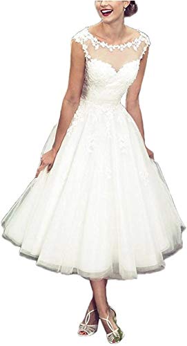 LuckyShe Damen Elegante Kurz Vintage Brautkleid für Braut mit Spitze Ärmellos von LuckyShe