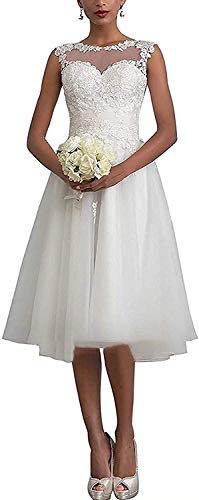 LuckyShe Damen Kurz Vintage Spitze Tüll A Linie Hochzeitskleider Brautkleid von LuckyShe