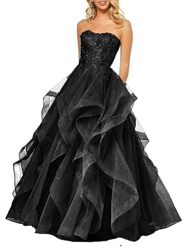 LuckyShe Damen Lang Elegant Trägerlos Abendkleider Ballkleid Prinzessin Partykleid mit Spitze Schwarz 32 von LuckyShe