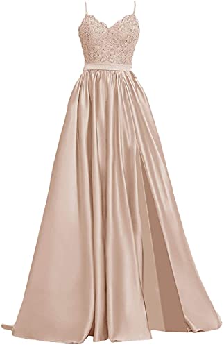 LuckyShe Damen Lang Satin Sexy Schlitz Ballkleider mit Spitze Formelle Abendkleider Champagner 36 von LuckyShe