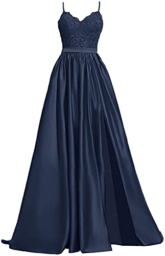 LuckyShe Damen Lang Satin Sexy Schlitz Ballkleider mit Spitze Formelle Abendkleider DunkelBlau 34 von LuckyShe