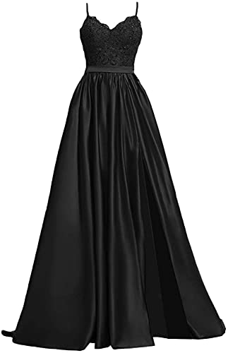 LuckyShe Damen Lang Satin Sexy Schlitz Ballkleider mit Spitze Formelle Abendkleider Schwarz 40 von LuckyShe