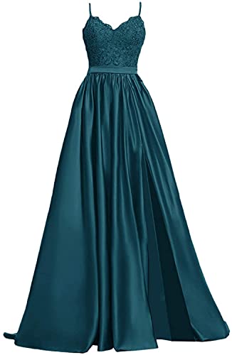 LuckyShe Damen Lang Satin Sexy Schlitz Ballkleider mit Spitze Formelle Abendkleider Stahlblau 56 von LuckyShe