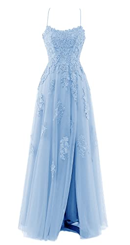 LuckyShe Damen Sexy Elegant Lang Tüll Abendkleider Ballkleid mit Spitze Rückenfrei für Hochzeit Hellblau 34 von LuckyShe