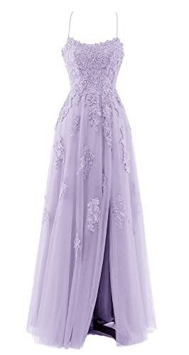 LuckyShe Damen Sexy Elegant Lang Tüll Abendkleider Ballkleid mit Spitze Rückenfrei für Hochzeit Lila 38 von LuckyShe