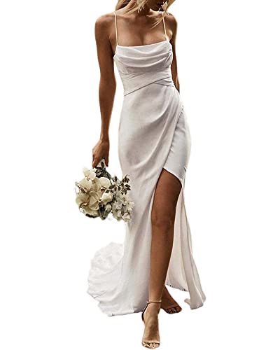 LuckyShe Damen Sexy Lang Meerjungfrau Hochzeitskleid Spaghettiträger Hochgeschlitzte Robe Einfaches Rückenfreies Brautkleid Strandhochzeitskleid Elfenbein 38 von LuckyShe