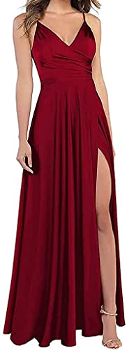 LuckyShe Damen Sexy Lang Schlitz Brautjungfernkleider Hochzeit Abendkleider Strandkleid Schönheitswettbewerbkleid mit Taschen Burgund 32 von LuckyShe