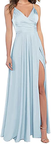 LuckyShe Damen Sexy Lang Schlitz Brautjungfernkleider Hochzeit Abendkleider Strandkleid Schönheitswettbewerbkleid mit Taschen Hellblau 36 von LuckyShe