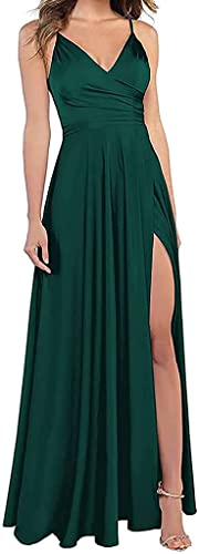 LuckyShe Damen Sexy Lang Schlitz Brautjungfernkleider Hochzeit Abendkleider Strandkleid Schönheitswettbewerbkleid mit Taschen Jägergrün 42 von LuckyShe