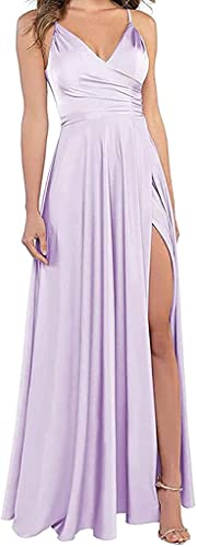 LuckyShe Damen Sexy Lang Schlitz Brautjungfernkleider Hochzeit Abendkleider Strandkleid Schönheitswettbewerbkleid mit Taschen Lila 36 von LuckyShe