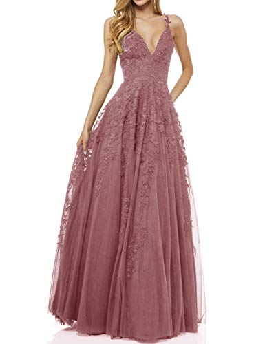 LuckyShe Damen Sexy V-Ausschnitt Abendkleider Ballkleid Elegant für Hochzeit Lang 2018 Altrosa Grosse Grössen 50 von LuckyShe