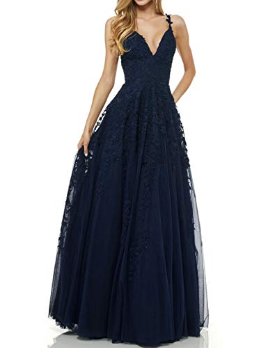 LuckyShe Damen Sexy V-Ausschnitt Abendkleider Ballkleid Elegant für Hochzeit Lang 2018 Dunkelblau Größe 44 von LuckyShe