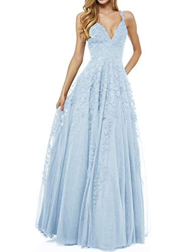 LuckyShe Damen Sexy V-Ausschnitt Abendkleider Ballkleid Elegant für Hochzeit Lang 2018 Hellblau Größe 36 von LuckyShe