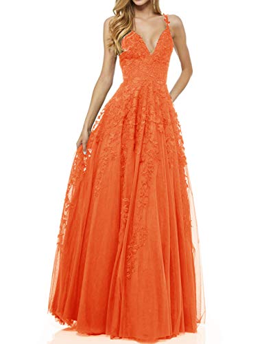 LuckyShe Damen Sexy V-Ausschnitt Abendkleider Ballkleid Elegant für Hochzeit Lang 2018 Orange Größe 36 von LuckyShe