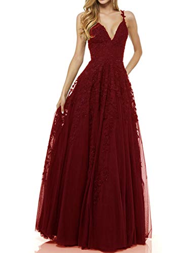 LuckyShe Damen Sexy V-Ausschnitt Abendkleider Ballkleid Elegant für Hochzeit Lang 2018 Weinrot Größe 40 von LuckyShe