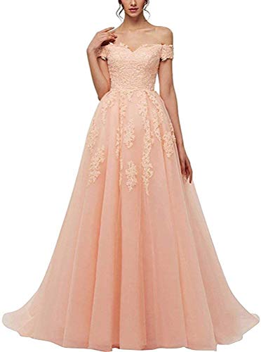 LuckyShe Prinzessin A-Linie Ab Schulter Spitzen Tuell Abendkleider Ballkleid Brautkleid Lang Rosa 56 von LuckyShe