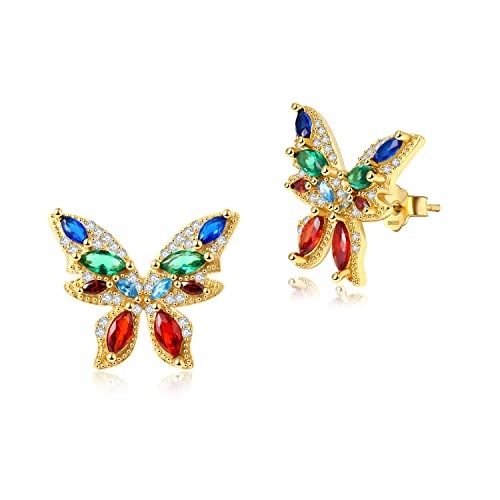 LuckySuen Ohrringe für Damen 925 Sterling Silber Schmetterling Ohrstecker mit 5A Bunte Zirkonia für Frauen (Gold) von LuckySuen