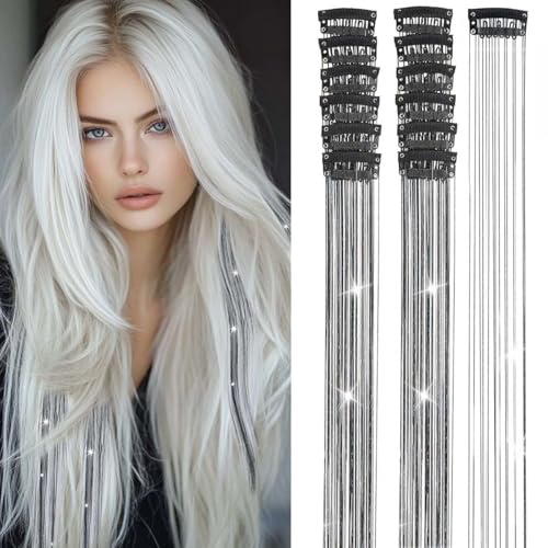 Luckyaisha Oropel Haarverlängerungsset mit Clip und Glitter, schwarz, für Damen, hitzebeständig, 54 cm, 12 Stück, Zubehör für schwarzes Haar 54,8 cm, 12 Stück von Luckyaisha