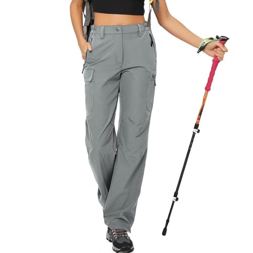 Luckybaby Damen Wanderhose Schnelltrocknen Leichte Funktionshose Arbeitshosen Outdoorhose mit 5 tiefen Taschen (hellgrau, L) von Luckybaby
