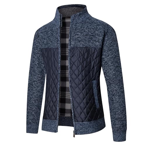 Luckyone Herren Strickjacke Cardigan Grobstrick Pullover mit Stehkragen Strickjacke mit Fleece Innenseite und Reißverschluß Blaugrau XXL von Luckyone