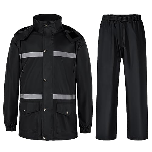 Lucykone Herren Regenanzug Reflektierender 100% Wasserdichter Anzug Outdoor Regenmantel Winddicht Regenjacke, Schwarz, XXL von Luckyone