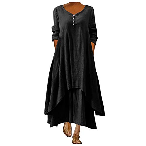 Damen Freizeitkleider Einfarbig UnregelmäßIg RüSchen Saum Mit Mock Button HalbäRmeln Strandkleid Vintage Oversize Volant Kleid Eleganter Bodenlang Herbstkleid Bequem LäSsiges Frauen KostüMe von Luckywaqng