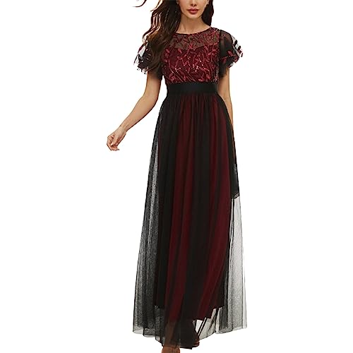 Luckywaqng Cocktailkleid Frauen Elegant Lang Brautjungfernkleider Abendkleid Eleganter Für Hochzeit Ballkleid Kurzarm Rundhals Tüll Patchwork Brautkleid High Waist Slim-Fit Knöchellanges Maxikleider von Luckywaqng