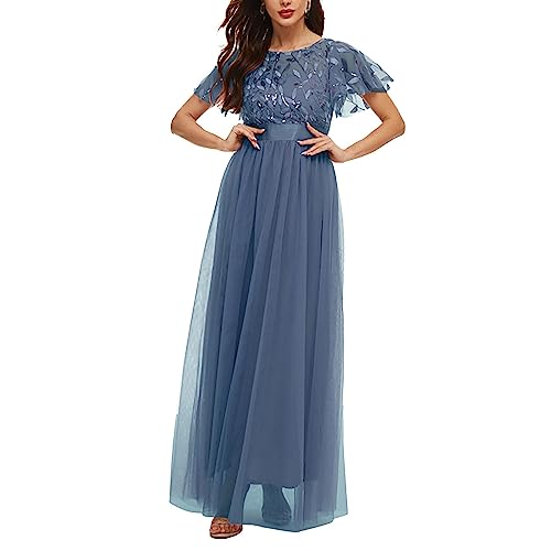 Luckywaqng Cocktailkleid Frauen Elegant Lang Brautjungfernkleider Abendkleid Eleganter Für Hochzeit Ballkleid Kurzarm Rundhals Tüll Patchwork Brautkleid High Waist Slim-Fit Knöchellanges Maxikleider von Luckywaqng