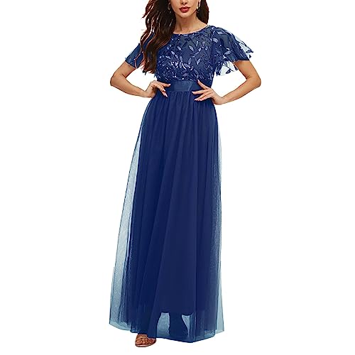 Luckywaqng Cocktailkleid Frauen Elegant Lang Brautjungfernkleider Abendkleid Eleganter Für Hochzeit Ballkleid Kurzarm Rundhals Tüll Patchwork Brautkleid High Waist Slim-Fit Knöchellanges Maxikleider von Luckywaqng