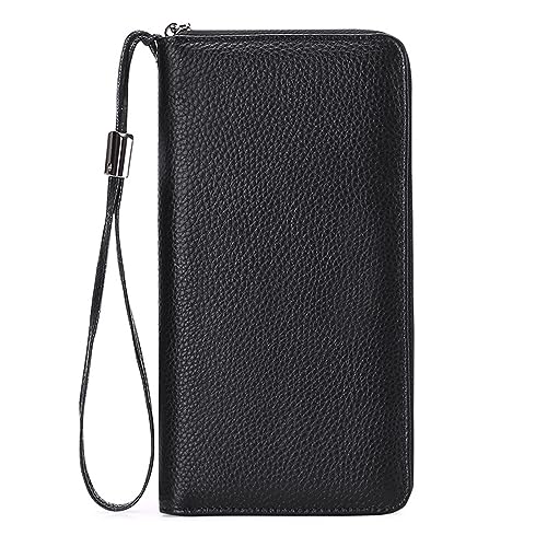 Luckywaqng Damen-Geldbörsen aus, RFID-blockierend, mit umlaufendem Reißverschluss, Kreditkartenetui, Telefon-Clutch Brieftasche Herren Klein Mit Kette (Black, One Size) von Luckywaqng