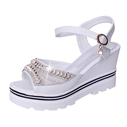 Luckywaqng Damen Sandalen Bequem Flach Fesselriemen Schnalle Sandaletten Mit Keilabsatz Sommer Mode Elegant Schuhe Dicke Sohle Strasssteinen Abendschuhe Arbeitsschuhe Ideal FüR Business Und Freizeit von Luckywaqng