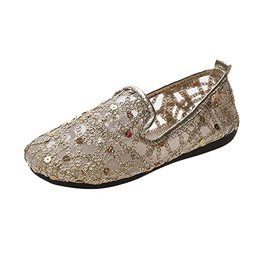 Luckywaqng Damen Sommer Flache Halbschuhe Mesh Und Pailletten Atmungsaktive Freizeitschuhe Mode Elegant Slip On Asakuchi Low Weichen Sohlen Leichtgewicht Einzelschuhe Flats Plateauschuhe von Luckywaqng