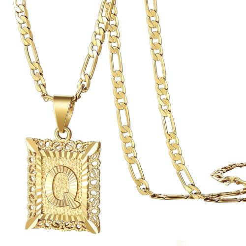 Luckywaqng Initial Letter Pendant Necklace For Men Womens 1 Gold Plated Square Capital Monogram Alhpabets From A Z Figaro Chain Necklace Schlüsselkarten Anhänger von Luckywaqng