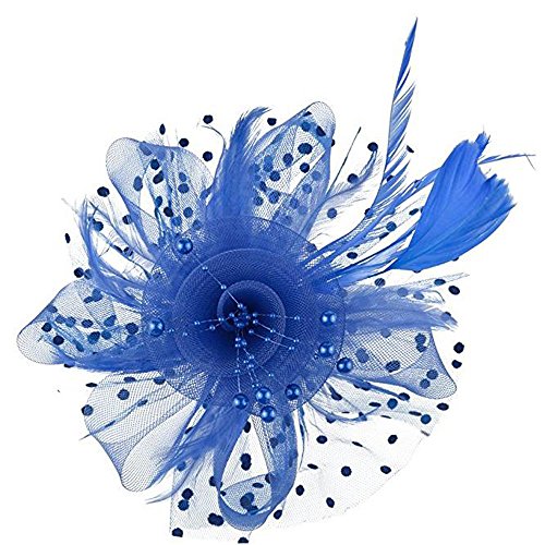 Luckywaqng Mesh Flower Tea Women Cocktail Bands Headbeige Federn Hut Party Brautmaterial Kritzelei (Blue, One Size) von Luckywaqng