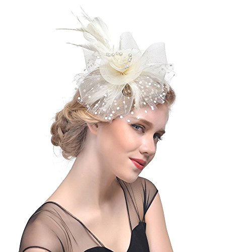 Luckywaqng Mesh Flower Tea Women Cocktail Bands Headbeige Federn Hut Party Brautmaterial Kritzelei (Khaki, One Size) von Luckywaqng