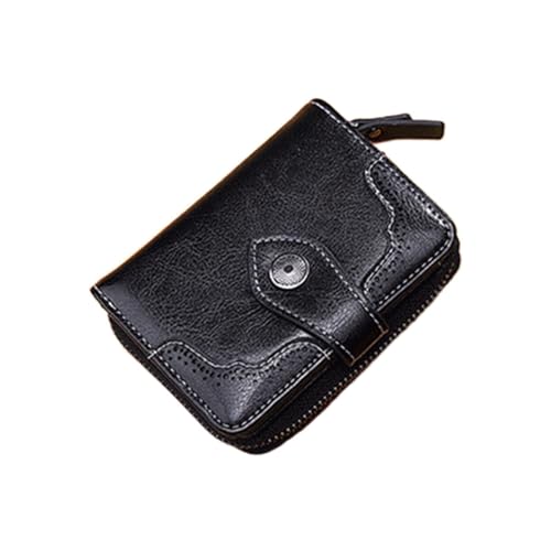 Luckywaqng Mode Retro Öl gewachstes Kunstleder Damen Kurze Geldbörse Reißverschluss Geldbörse Geldbörse Brieftasche Damen Schwarz Silber (Black, One Size) von Luckywaqng