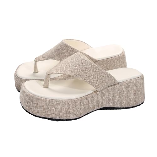 Luckywaqng Party Schuhe Damen Damen-Sommer-Slipper mit übergroßen dicken Sohlen und Fischgrätenmuster und Pinch-Toe-Denim-Strandschuhen und Hausschuhen mit quadratischer Zehenpartie (White, 38) von Luckywaqng