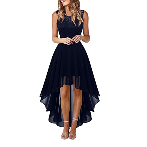 Luckywaqng Partykleid Damen Elegant Abendkleid Chiffon Spitzen Patchwork Ballkleid Brautjungfern Round-Neck äRmellos Midi Tunikakleid Irregualar SäUme Cocktailkleid Vorne Kurz Hinten Lang Wickelkleid von Luckywaqng