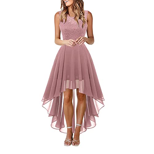 Luckywaqng Partykleid Damen Elegant Abendkleid Chiffon Spitzen Patchwork Ballkleid Brautjungfern Round-Neck äRmellos Midi Tunikakleid Irregualar SäUme Cocktailkleid Vorne Kurz Hinten Lang Wickelkleid von Luckywaqng