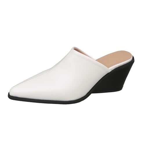 Luckywaqng Sandalen Damen Mit Keilabsatz Sommerschuhe Leder Spitzem Zehenbereich Pantoffeln Bequeme Keilpumps Moderne Damenschuhe Clogs Vorne Geschlossen Pumps Slip On Slipper Casual Halbpantoffeln von Luckywaqng