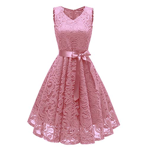 Luckywaqng Spitzen Kleider Damen Eleganter Brautjungfernkleider Unregelmäßiger Saum Cocktailkleid Crewneck Ärmellos Hohe Taille Tunikakleid Vorne Kurz Hinten Lang Ballkleid Wickelkleid Abendkleider von Luckywaqng