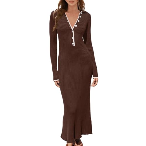 Strickkleid Damen Winter Lang Pulloverkleid Langarm Freizeit Maxikleid Elegant Knöchellanges Sweatkleid Revers mit Knöpfen Partykleider Slim-Fit Einfarbig Bodycon Kleid Strickpullover Kleid von Luckywaqng