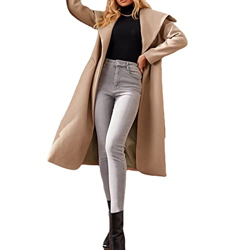 Women'S Autumn And Winter Solid Color Lapel Long Sleeved Tweeds Coat Wrap Coat Tan (Khaki, M) von Luckywaqng