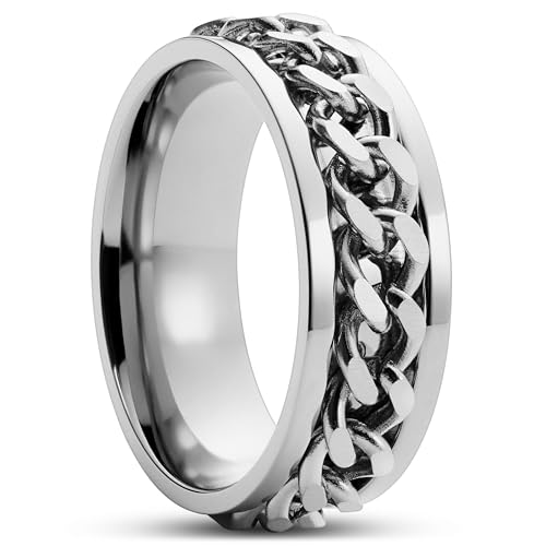 Lucleon Edelstahl Ring Herren | Stilvoller Silberfarbener Curb Chain Ring für Männer | Robuste & Maskuline Ringe Herren Silber mit Kette in der Mitte von Lucleon