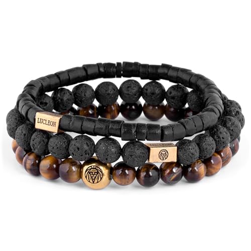 Lucleon by Trendhim Armband Beaded für Herren | 3er-Set mit schwarzen Lavaperlen, Tigerauge & mattschwarzen Akzenten | Strukturierter Look | Silikon-Stretchband | Layering-Stil von Lucleon