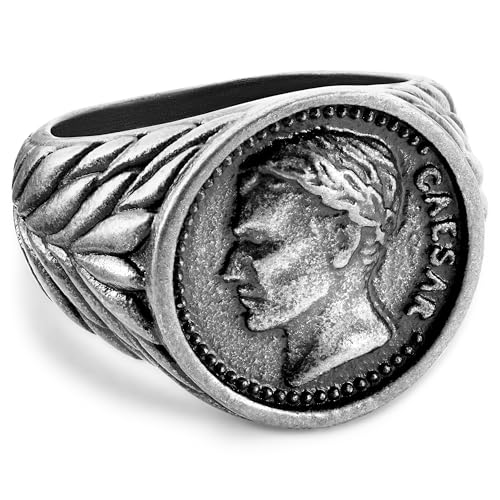 Lucleon by Trendhim Ring für Männer | Vintage Silberfarbener Caesar-Münzendesign | 316L Edelstahl & PVD-Beschichtung | Polierte Oberfläche | Stahl von Lucleon