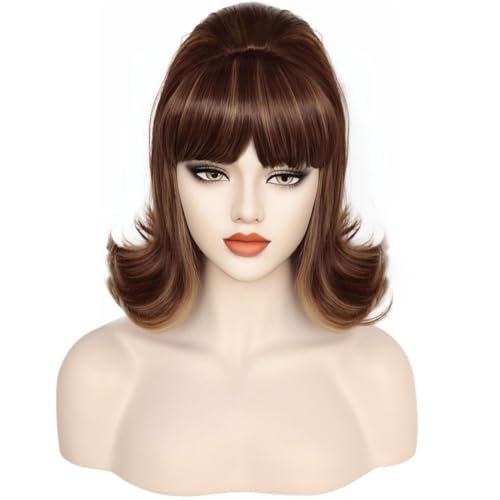 Lucoacos 60 70er Jahre Damen Vintage Bienenhaus Stil Umdrehen Perücke Weiche Haltbare Synthetfaser Perücke Halloween Weihnachten Rollenspiel Perücke (Braun- Gelbgradient) von Lucoacos